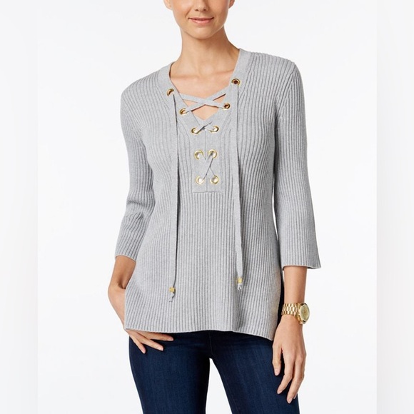 FINAL PRICE Michael Kors Lace Up Grey Sweater - Picture 1 of 5